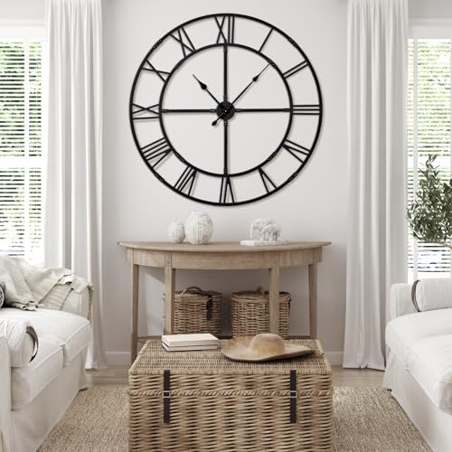 48 Inch Large Silent Wall Clock, Easy Assembly Roman Numeral Black - color: Black Metal Wall Clock, size: 48inch