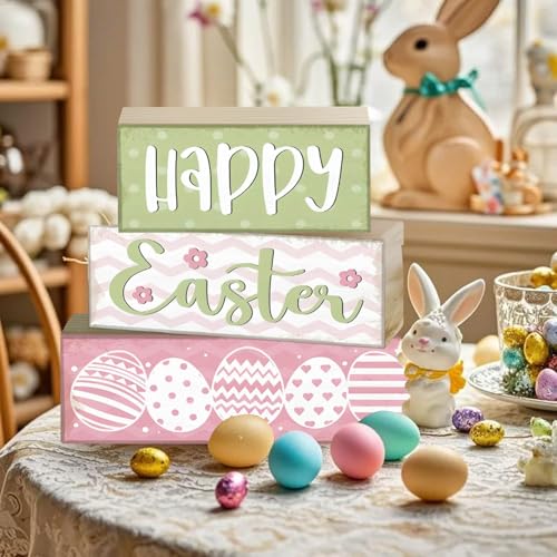 Easter Bunny Decor – 3Pcs Farmhouse Wooden Easter Decorations for Home, Rustic Spring Signs Table Centerpiece, Cute Natural Wood Rabbit Figure for Mantle Shelf Tiered Tray Indoor Decor - color: Fh3018