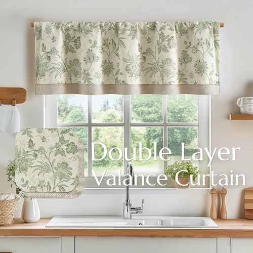 Vangao Linen Valance Curtain Farmhouse Cottage Floral Small Window Curtain Double Layer Light Filtering Drape for Kitchen Rustic Valance for Living Room16 Inch Rod Pocket 1 Panel Green on Beige - color: Double Layer | Jacobean Green, size: 50"W x 16"L (Pa