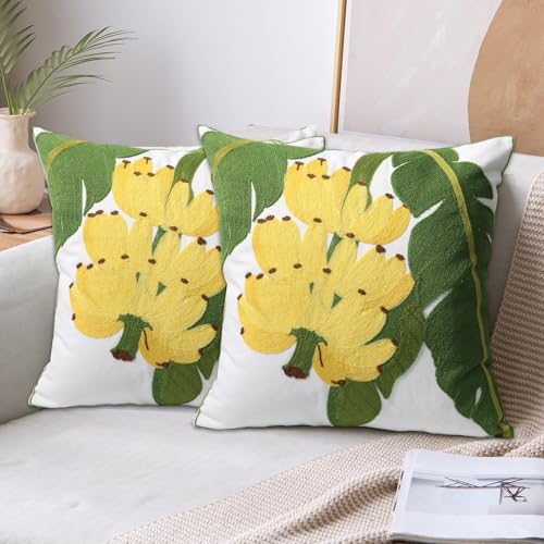 Pack of 2 Embroidered Throw Pillows Cover 18x18 Inch Decorative Pillowcase for Living Room Sofa Bed (Yellow Banana) - color: Yellow Banana