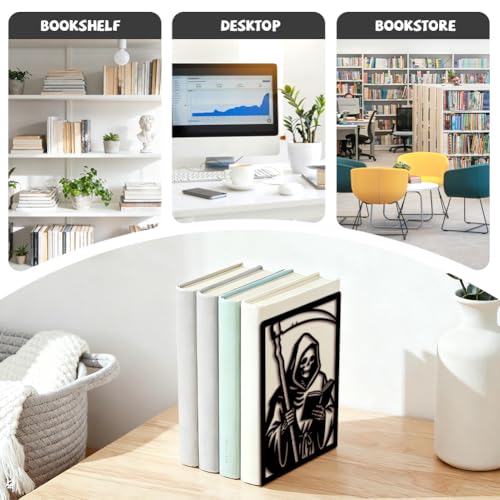 Peacoblue 5.3"x4.3"x7.9" Metal Bookends, Heavy Duty Book Ends for Shelves - style: Grim Reaper Reading Book with Sickle