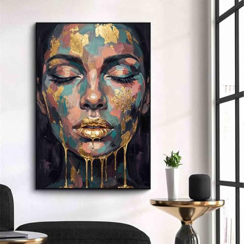 Abstract Face Wall Art Female Portrait Canvas Blue Gold 16x24inch No Frame - color: 4, size: 24"L x 16"W