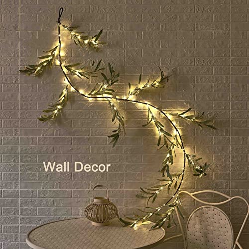 LITBLOOM Lighted Olive Garland Battery Operated with Timer 96 Fairy Lights 6FT, Artificial Greenery Twig Vine Lights for Christmas Spring Fireplace Mantle Decoration Indoor Outdoor - style: Olive