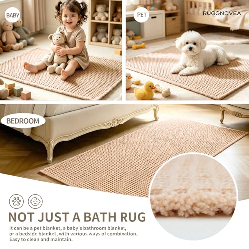 Waffle Bath Mat with Tassels 32x20 Non Slip Absorbent, Beige - color: Beige, size: 32" X 20" (Bathroom Rug)
