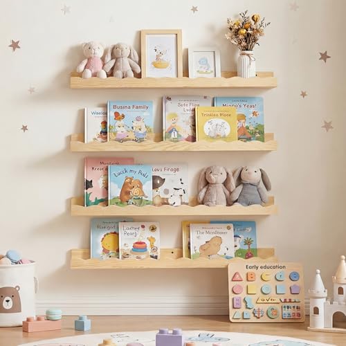 Fun Memories Picture Ledge Shelf for Wall, 16 inch Pine Wood Nursery Book Shelves Set of 4- Wall Book Shelves for Kids Room, Home Decor - Kitchen Spice-Natural - color: Natural, size: 16", Set of 4