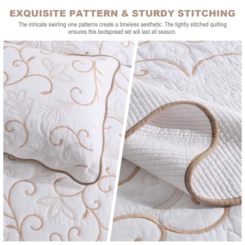 100% Cotton Oversized Bedspread Quilt Coverlet Set, 120"x102" - color: White/Beige-gold, size: Oversized Queen(120"x102")