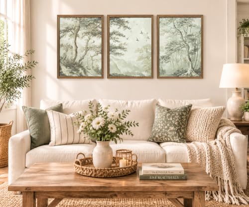 Botanical Forest Wall Art Set of 3 Framed, Vintage Neutral Canvas Prints - color: RetroForest, size: 16x24 Inch