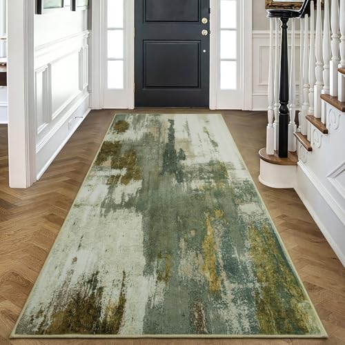 Kelarea Washable Runner Rug 2.6x8, Non-Slip Low Pile Abstract Green - color: Green, size: 2'6" x 8' (Rectangular)