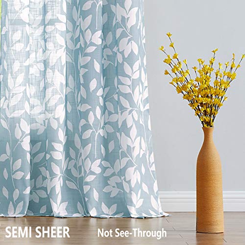 Blue White Leaf Semi Sheer Curtains for Kitchen Window Panels 52x54"L 2pcs - color: Blue, size: 52"W x 54"L (Pack of 2)