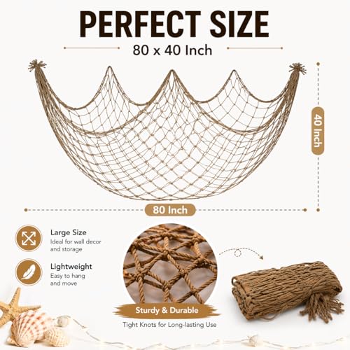 Fish Net Decorations for Party, 80x40 Inch Large Decorative Fish Netting Table Runner, Wall Photo Hanging Fishnet for Nautical Mermaid Pirate Hawaii Beach Under the Sea Party Decorations, Caramel - color: Caramel