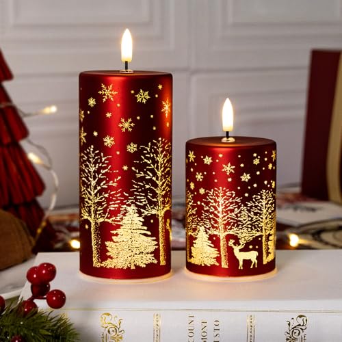 MJ PREMIER Christmas Decorations Indoor Mercury Glass Lights with Timer Battery Operated Light Table Centerpiece for Home Decor, Fireplace Mantle, Gift LED Christmas Tree with Deer Carvings (Red)