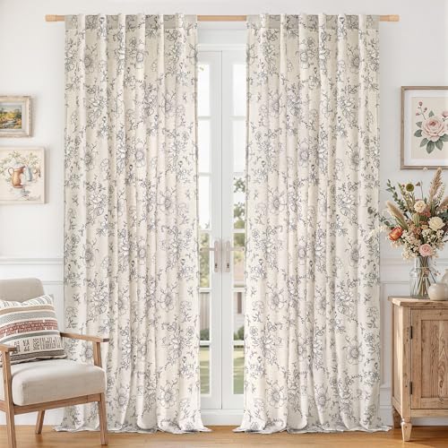 LAMIT Vintage Floral Linen Curtains 84 Inch Long for Living Room, 2 Panels - color: Black on Beige, size: 52"W x 84"L (Pack of 2)