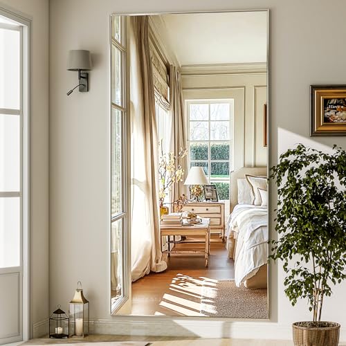 GLSLAND 76"x34" Full Length Mirror Extra Large Hanging or Leaning Rectangle Mirror Aluminum Alloy Thin Frame Bedroom Floor Dressing,Silver - color: Silver, size: 76"L x 34"W