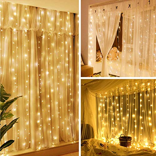300 LED Twinkle Fairy Curtain Lights with Remote - 8 Lighting Modes, Hanging Warm String Light with USB Powered for Bedroom Wall, Wedding Backdrop and Christmas Party Window Decor