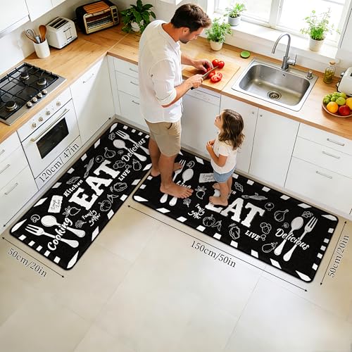 Kitchen Mats Non Slip, Kitchen Mats for Floor, Machine Washable Comfort Cushioned Soft Faux Wool Runner Rugs for Sink, Laundry Room, Office, Hallway, Eat Motto Design, Blackish, 20"x59" - color: Eat Motto Kitchen Mat, size: 1'8" x 4'11" (Runner)