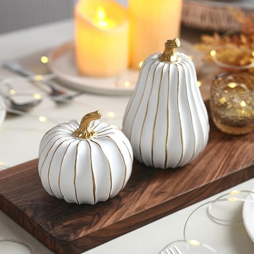 FESTGLOX Pumpkin Fall Decor, White Gold Pumpkin for Thanksgiving Decoration - color: White and Gold Lines-2pcs