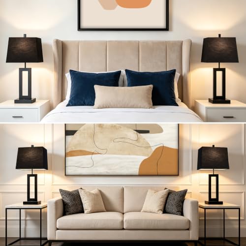 Cinkeda Black Bedside Table Lamp Set of 2, Nightstand Lamps with USB Ports - color: F.Black&Black