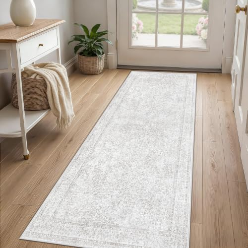 2x8 Hallway Runner Rug: Washable Vintage Floral Entryway Rugs Low Pile Non-Slip Boho Carpet for Kitchen, Bedroom, Bathroom, Dining Room (FloralGrey, 2'x8') - color: Floral Grey, size: 2' x 8' (Rectangular)