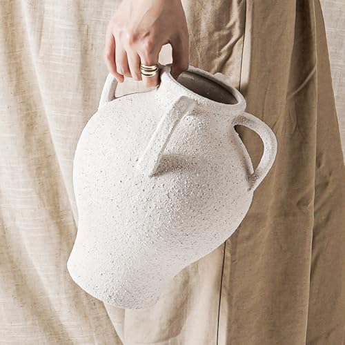 Large White Ceramic Vase with 4 Handles, 10.8 Inch, Rustic Farmhouse - color: Yeda - Rock Sand White, size: L(10.8"-11.8")