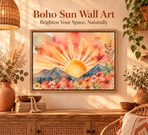 Framed Boho Sun Canvas Wall art - color: Framed, size: 16"L x 12"W