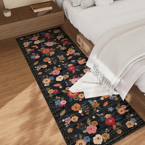 Washable Kitchen Rugs Non Slip: 2x6 Hallway Runner Rug Soft Carpet Runners - color: Black Floral, size: 2' x 6' (Rectangular)