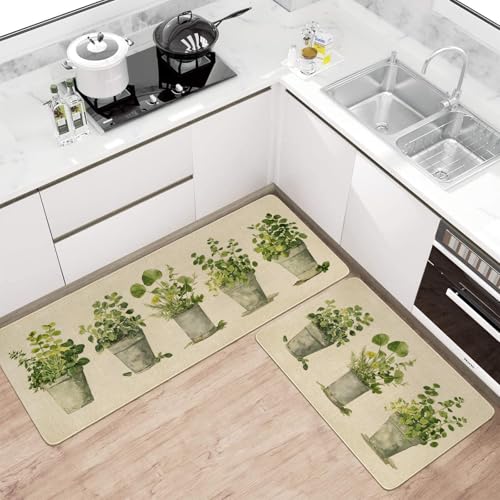 Spring Summer Farmhouse Kitchen Rugs and Mats Set of 2,French Herbs Wildflowers Flowers Floral Plants Non Slip Washable Floor Sink Mats Decorations for Home Kitchen 18"x48"+18"x30" - color: Spring Summer Kitchen 3