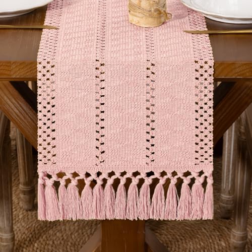 DeZerlor Pink Boho Macrame Farmhouse Woven Table Runner 48Inch - color: Pink, size: 12" x 48"