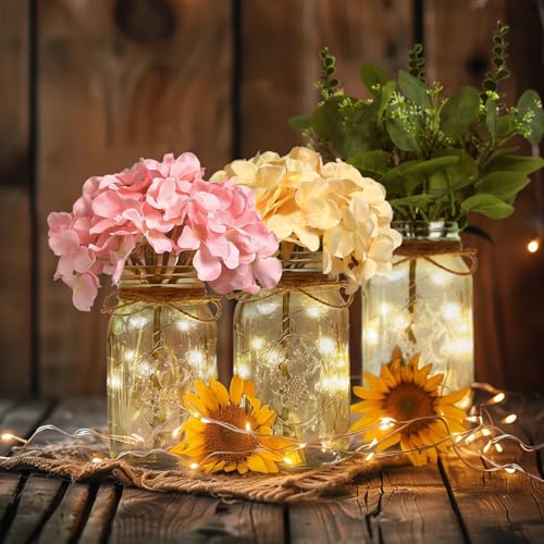Set of 3 Mason Jar Lights, Champagne Hydrangea Holiday Table Decor - color: Jar-champagne Hydrangea