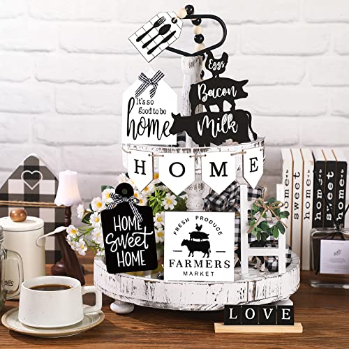 Fairysandy 11 Pcs Home Tiered Tray Decor Black White Rustic Wooden Signs - style: Rustic