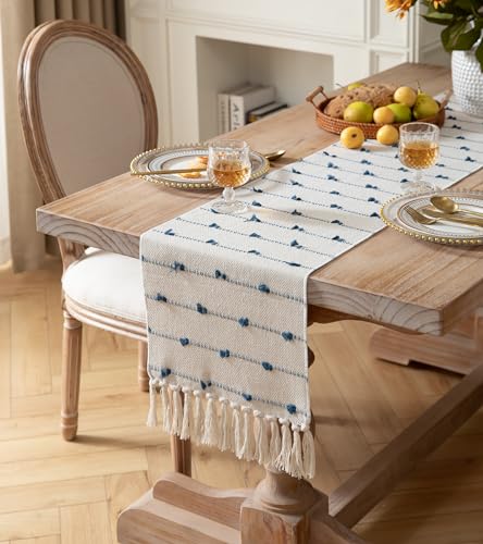 Caflife Boho Table Runner 60 Inchs Long for Modern Farmhouse Room Home Decor, Blue and Beige Coffee Table Runner, Natural Cotton Woven with Tassels Neutral, for Kitchen Dining Table Decor - color: Blue Beige, size: 13x60Inch