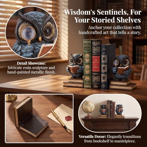 Owl Decorative Bookends for Shelves, Heavy Duty Resin Book Ends with Non-Slip Pads, Vintage Reading Owl Statues, Library Office Home Decor, Book Lover and Teacher Gifts