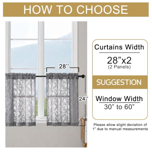 OWENIE Leyna Grey Sheer Curtain 24 Inch Length Cafe Curtains 2 Panels - color: Charcoal Gray, size: 28"W x 24"L (Pack of 2)