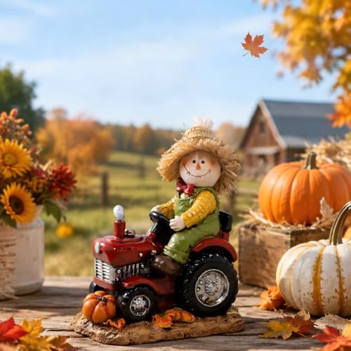 Hodao Thanksgiving Scarecrow Tractor Figurine, Fall Harvest Decor-Red - color: Red