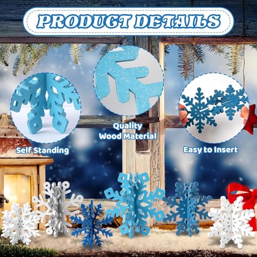 Wooden Snowflake Decorations, 3D Christmas Table Decorations, Set of 6 - color: White Silver Blue, size: 6 set