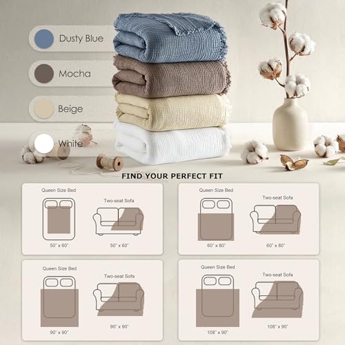 WDCOZY Muslin Blanket 100% Cotton Blankets Twin Size 4-Layer Breathable Lightweight for Couch Bed Boho Farmhouse Linen Tassels Ruffle Gauze Blankets 60x80 Inches Brown Mocha Chocolate Coffee Taupe - color: Mocha, size: Twin (60"x80")