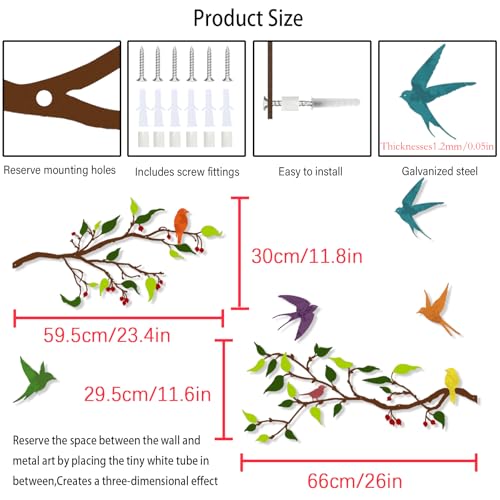 Harikikochuu 4 Pieces Large Birds on Branch Metal Wall Art Decor Bird Silhouette Wall Art Metal Leaves with Swallow Bird Outdoor Wall Art for Balcony Garden Patio Decor (Colorful B) - color: Colorful B