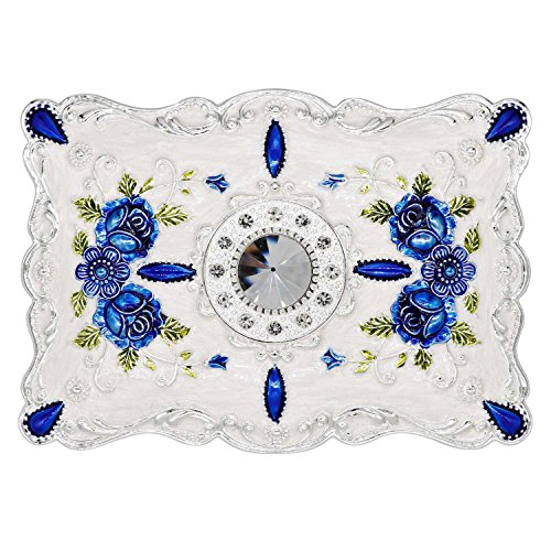 Luxury Vintage Rectangle Metal Alloy Jewelry Box Trinket Organizer Storage Box with Rose Pattern for Women, Girls, Two-Layer Design, White & Blue, Large - color: White & Blue