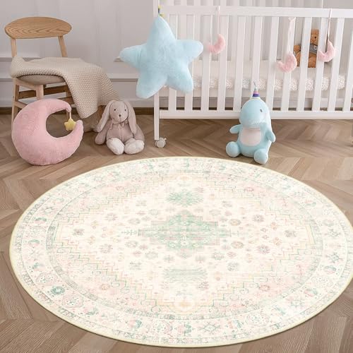 MUJOO Round Rug 4ft Small Cicle Area Rug Washable Low Pile Pink and Green - color: Pink and Green, size: 4' (Round)
