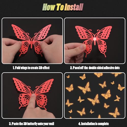 SAOROPEB Glow in The Dark 3D Butterfly 24 Pcs Orange Butterfly Stickers - color: 24 Pcs, Glowing Orange