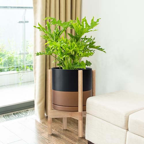 D'vine Dev Ceramic Pot with Natural Wood Stand, Black/Tan, 10 in, 55-B-K-7 - color: Black/Speckled Tan Pot + Natural Stand, size: 10 Inch