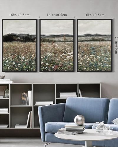 SHENIFY Vintage Landscape Framed Wall Art Meadow Flowers Farmhouse Decor Retro Classic Painting for Hallway Living Room Bedroom Dining Room - 16x24in3pcs Black Framed - color: Black, size: 24L" x 16W" x 3PCS