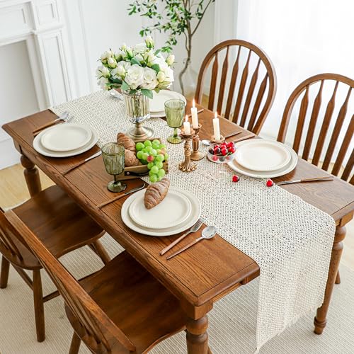 Simple&Opulence Boho Macrame 100% Cotton Table Runner - 12 x 72 Inch, Woven Farmhouse Table Runner with Fringed Edges for Bohemian Rustic Wedding, Bridal Shower, Dinner (Beige) - size: 12"x72", style: Cotton / Beige
