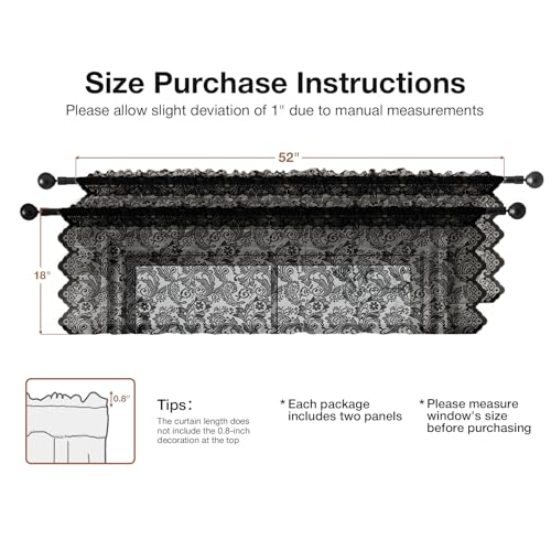 Rinwoc Black Lace Semi-Sheer Valance Curtains – Vintage Floral Lace for Bedroom, Privacy Light Filtering Rod Pocket Window Drapes, Elegant Scalloped Valances Tier, 2 Panels 52W x 18L Inch - color: Black Plume, size: 52"W x 18"L (Pack of 2)