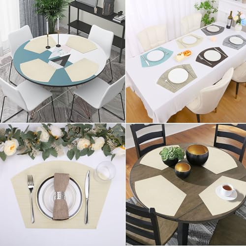 SHACOS Wedge Placemats Set of 4 Woven Vinyl Small Round Table Placemats Wipe Clean Table Mats for Round Dining Table Indoor Outdoor, Beige White - color: Linen Beige White
