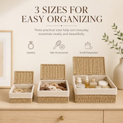 Storage Baskets with Lids Set of 3, Woven Bins with Liner - size: Small with Lids