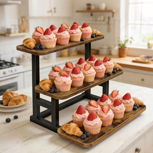 Lilybud--lily 3 Tier Cupcake Stand, Wooden Risers Display Stands Stepped Dessert Table Display Set with Metal Frame Tiered Tray Stand Serving Trays for Party Farmers Market Display - size: 3 Tier - 1 Pack