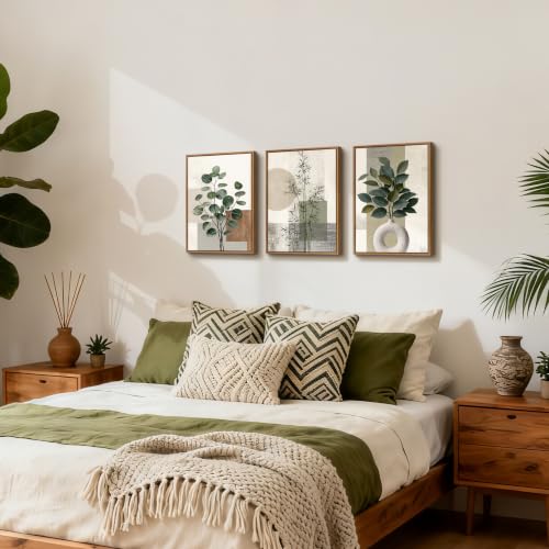 3 Pcs Framed Sage Green Boho Botanical Neutral Abstract Canvas Wall Art - color: Eucalyptus Bamboo Plant, size: 12"x16"x3Pcs