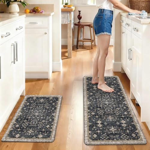 Boho Cushioned Anti Fatigue Mats for Kitchen Floor,Modern Farmhouse Charcoal Floral Non-Slip Water Resistant Runner Comfort Foam Standing Rugs Non Skid for Home Sink,Office,Laundry 17"x47"+17"x30" - color: 2026 Anti Fatigue Mats 6