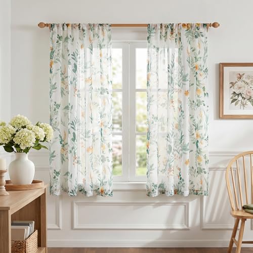MYSKY HOME Green Floral Sheer Cafe Curtains 45 Inches Long 2 Panels Set - color: Green, size: 52"W x 45"L (Pack of 2)