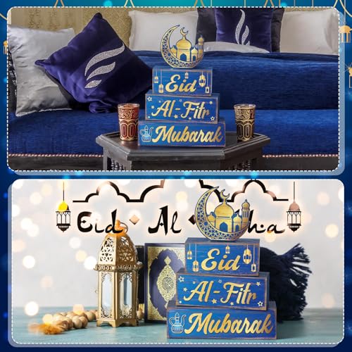 Yousoontic 4 Pcs Eid Mubarak Wooden Table Decor, Ramadan Mubarak Tiered Blocks Islamic Muslim Tabletop Decorations, Moon and Lantern Design, Blue and Gold Eid Table Centerpiece for Home Office - style: Ramadan